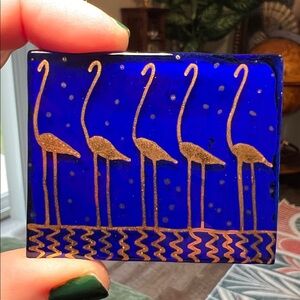 Vintage Handpainted Cobalt Blue Tile with Gold Flamingo Design Brooch